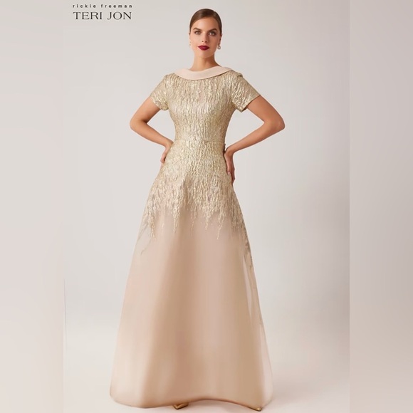 teri jon gold dress Metallic Jacquard Side Drape Gown  Terijon.com
